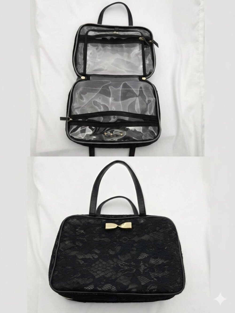 VTG Y2K Victoria’s Secret Black Lace Train Case Travel Makeup Bag tote Gold Bow